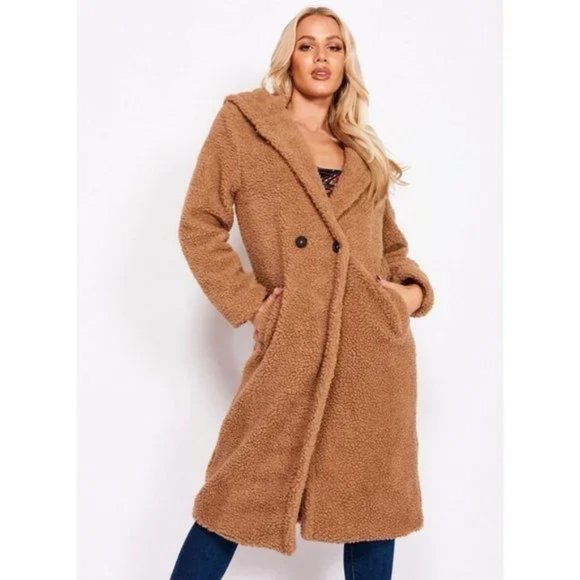 Brown Long Sleeve Hooded Hoodie Long Maxi Borg Teddy Bear Fur Coat - Picture 2 of 15